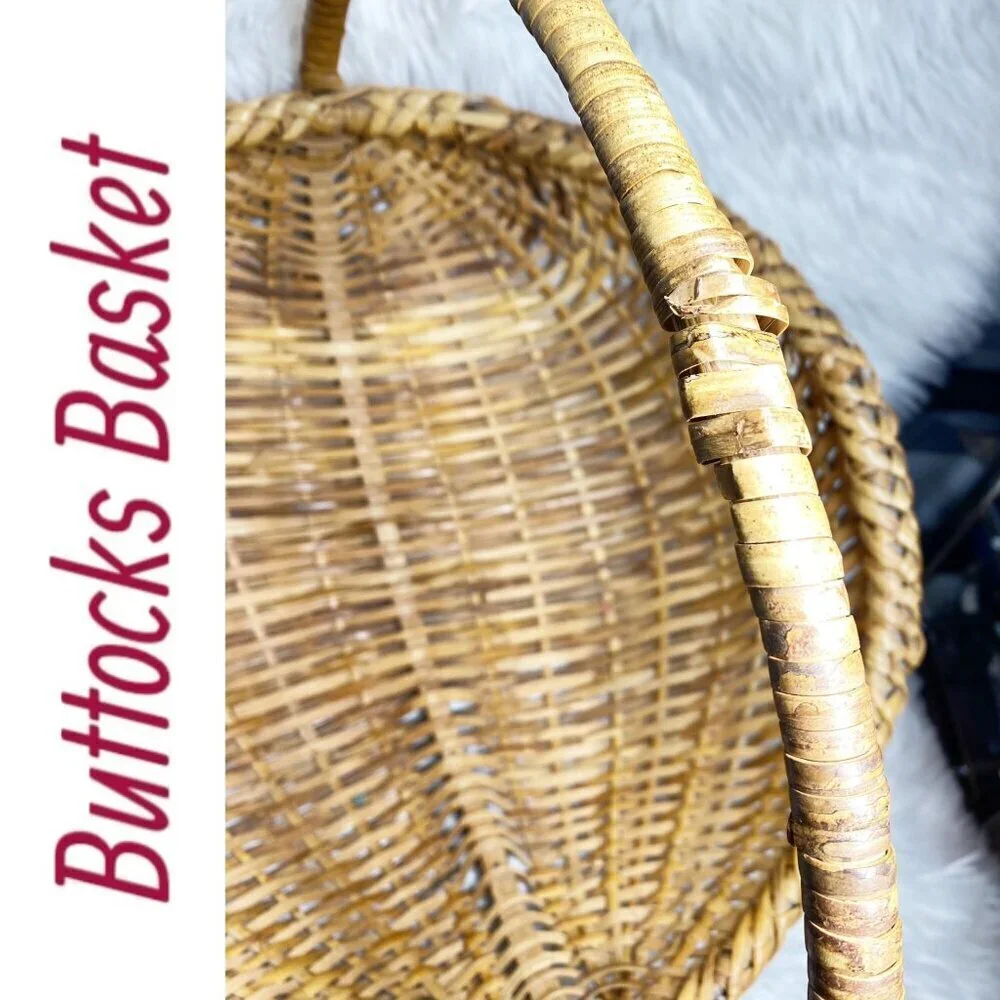 BUTTOCKS BASKET‎ VTG Large Handmade Cottage Splint Ribbed Farmhouse Vintage